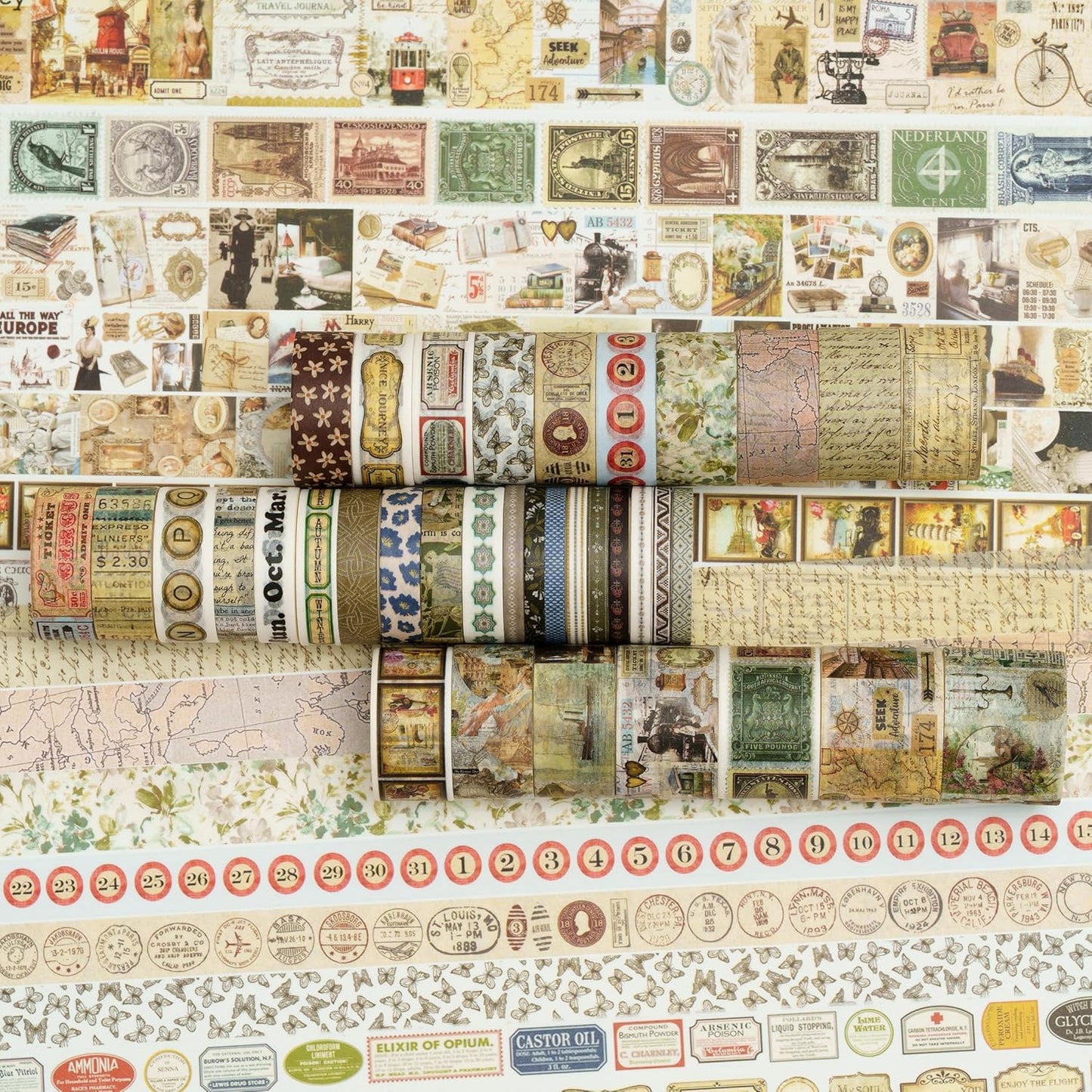 36 Rolls Vintage Washi Tape Pack Retro Arts Adhesive Tapes Wide Chronicle Decorative Masking Tape Sets for Craft, Kids, Scrapbook, DIY, Gift Wrapping (Globetrotting)