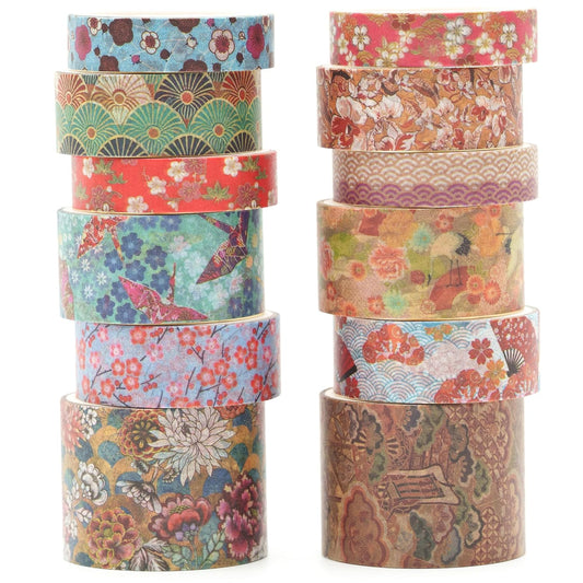 12 Rolls Kyoto Charm Washi Tape Set Japanese Arts Adhesive Tapes Geometric Garden Decorative Masking Tape Sets for Craft, Kids, Scrapbook, DIY, Gift Wrapping (Incense & Fireworks)