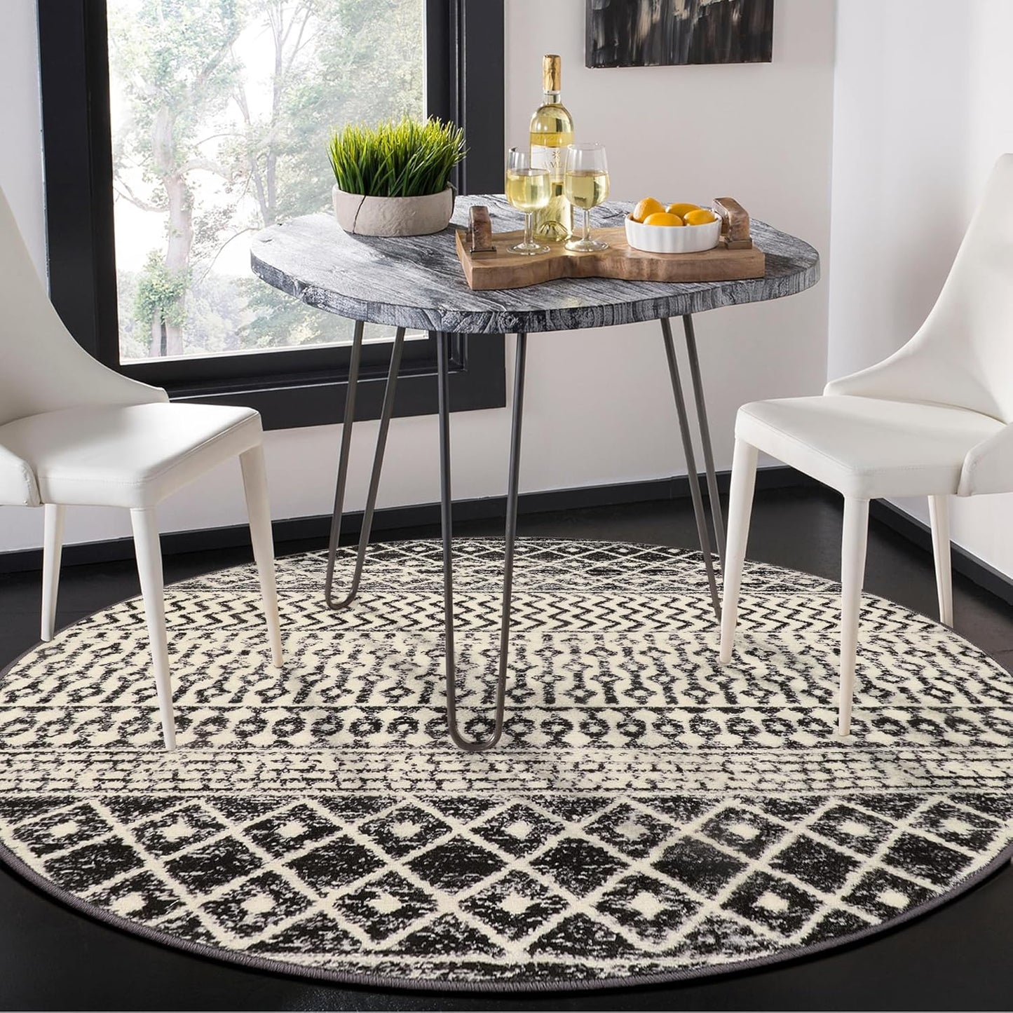 Moroccan Washable Round Area Rug, 4ft Non-Slip Distressed Black Area Rug for Bedroom, Soft Non-Shedding Circle Rug Bedside Carpet for Living Room Dining Room Bedroom