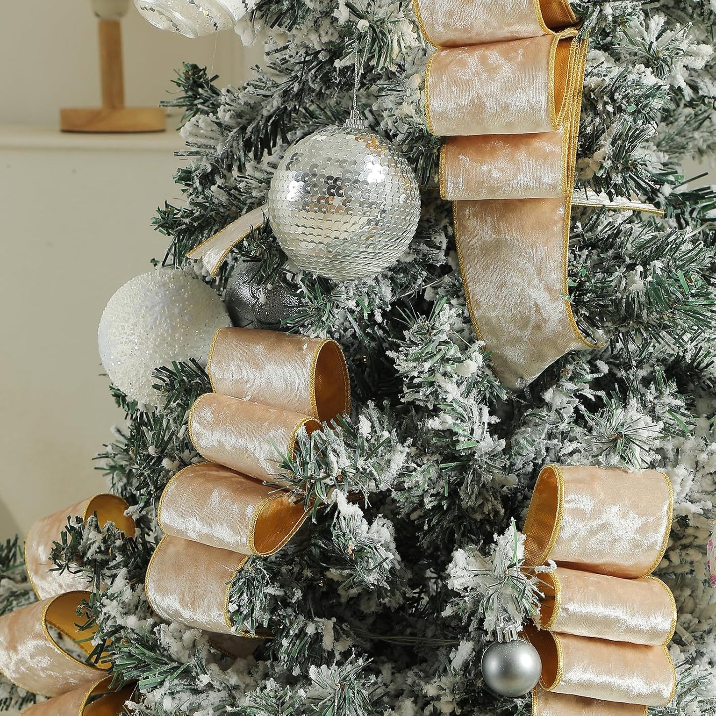 Champagne Christmas Velvet Ribbon Wired (2.5" × 15 Yards) - Christmas Ribbon for Christmas Tree Decoration/Gift Wrapping/Crafts Wreaths Supplies