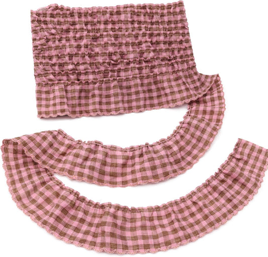 Gingham Ruffle Lace Trim Pleated Lace 5 Yards Gathered Gingham Fabric Edge Ribbon Trim for Dresses, Wedding Gowns, Crafts, Home Decor (Pink)