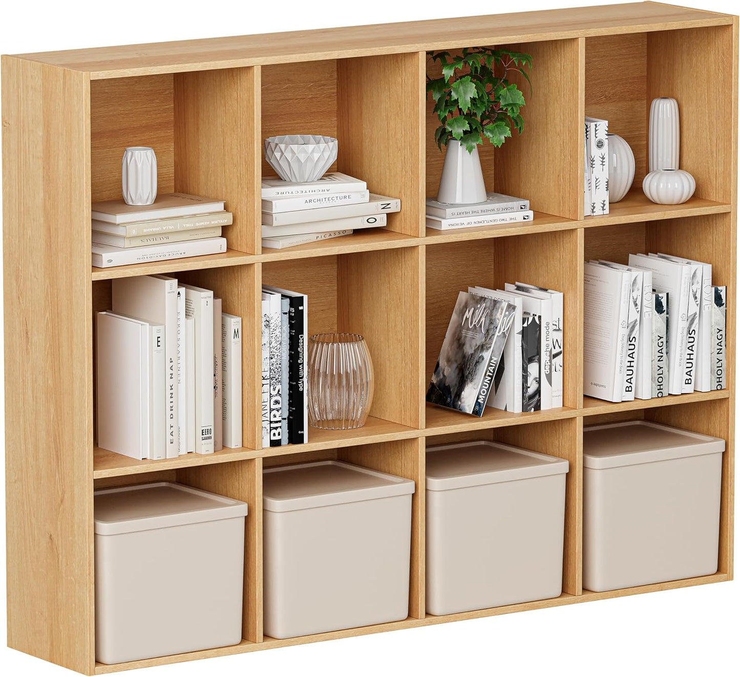 Wooden Cube Storage Organizer with Closed Back Panel, 11in Cube Shelf Opening, Bookshelf, Display Shelf,Closet Cabinet for Home and Office (Natural Oak, 12-Cube 35.98L*9.45W*47.72H)