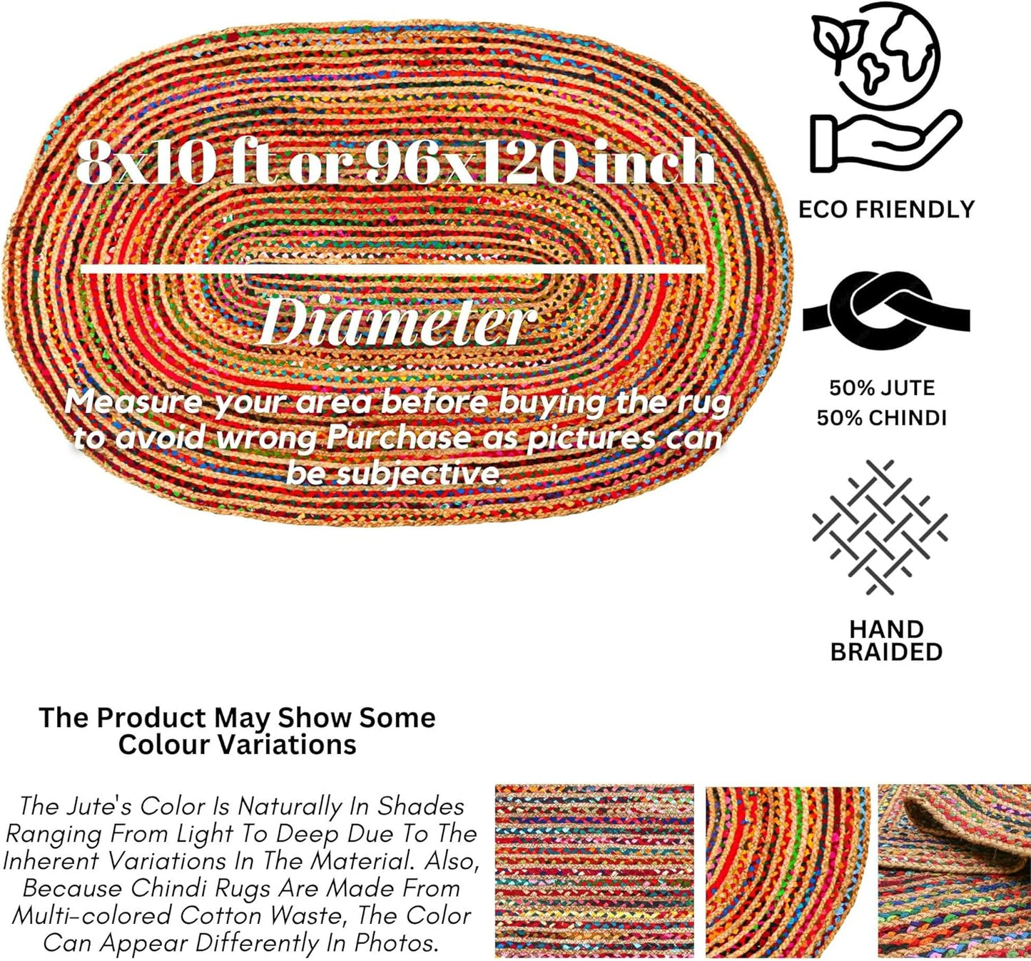 8'x10' Handwoven Jute Chindi Area Rug - Colorful Boho Rugs for Living Room - Hand Braided Multicolor Bohemian Rug for Farmhouse, Bedroom, Dining Room, Classroom, Hallway, Kitchen, Office