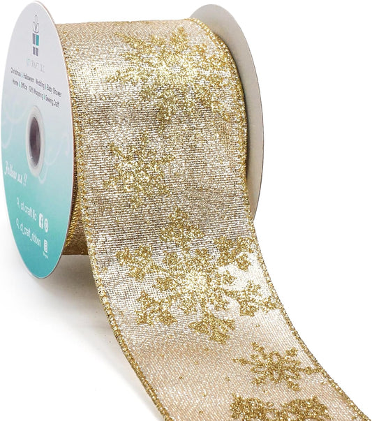 CT CRAFT LLC Champagne Gold Metallic Fabric with Gold Snowflake Wired Ribbon 2.5 Inch x 10 Yards for Christmas Home Decor Tree Topper Bow Gift Wrapping DIY Crafts Wreath Garland