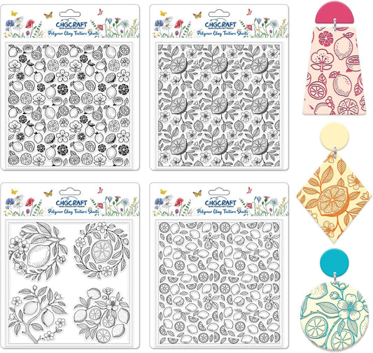 CHGCRAFT 4 Sheets 4 Styles Vintage Lemons Polymer Clay Texture Sheets Lemon Slices Silicone Texture Stamp Flowers Modeling Pattern Pad Texture Sheets for Making Earrings Jewerly, 5.5x5.5 inch