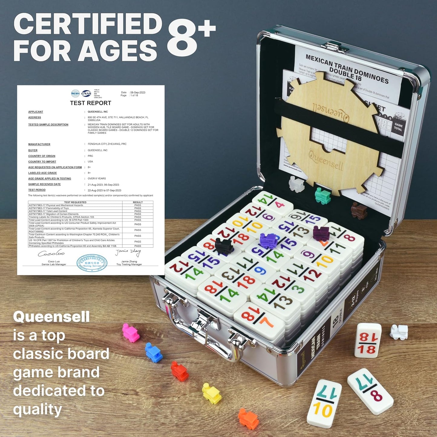 Queensell Mexican Train Dominoes Set with Numbers - Double 18 Dominos Set for Adults and Kids - Mexican Dominoes Train Game Night Games for Adults with Wooden Hub and Aluminum Case