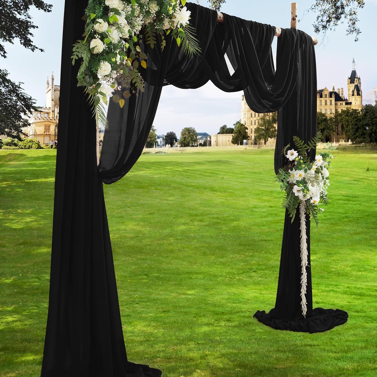 VACVELT Wedding Arch Draping Fabric - Black Chiffon, 2 Panels Sheer Drapes, 30 Inch x 20ft Backdrop Curtain, Outdoor Sheer Drapery for Ceremony Party Ceiling