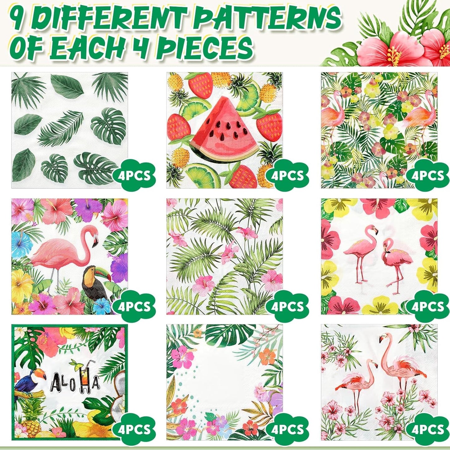 Crtiin 36 Pack 9 Styles Decoupage Napkins Assorted Floral Decorative Decoupage Napkins Chinoiserie Cocktail Paper for DIY Crafting Birthday Party, Each Unfolded 13 Inch(Tropical Plants)