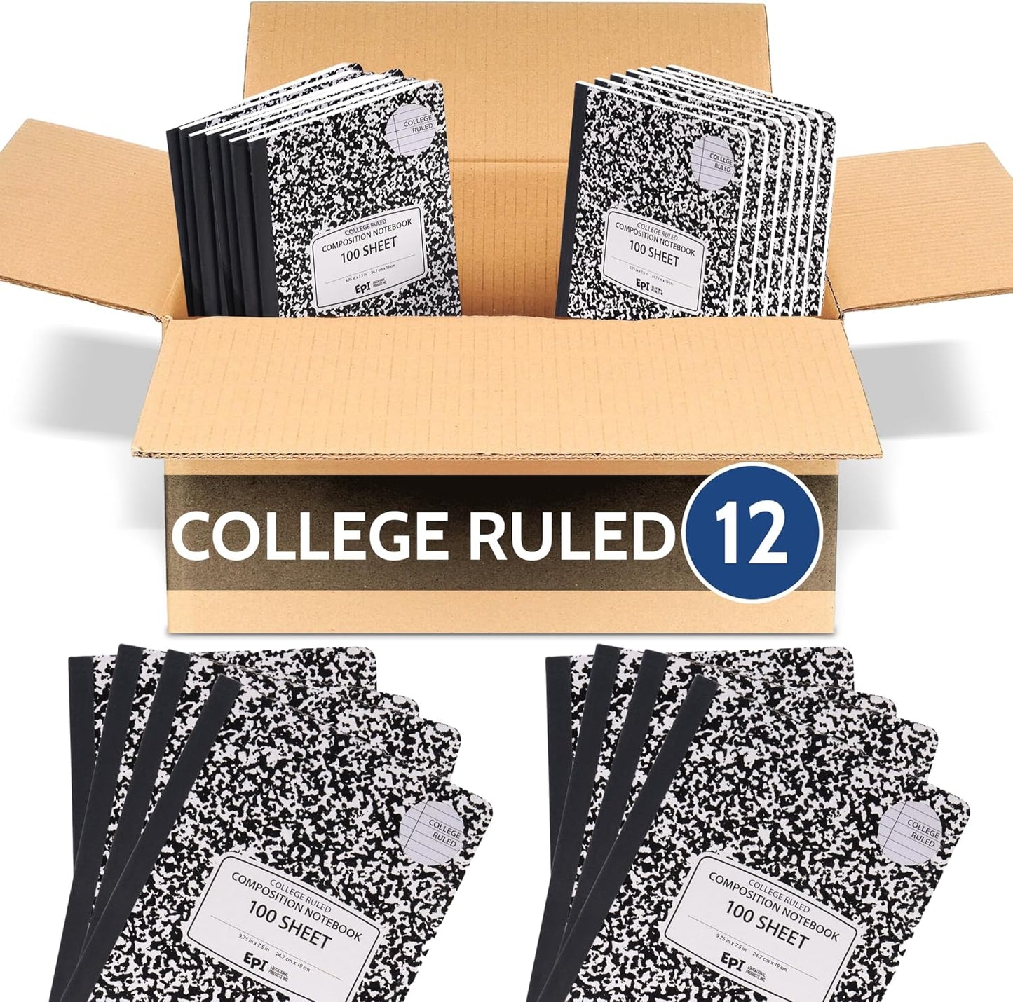 EPI Marble Hardcover College Ruled Composition Notebook | 200 Pages (100 Sheets), 9.75 x 7.5 in, Sturdy Sewn Binding | School, Office, Journaling, Notes - 12 Pack