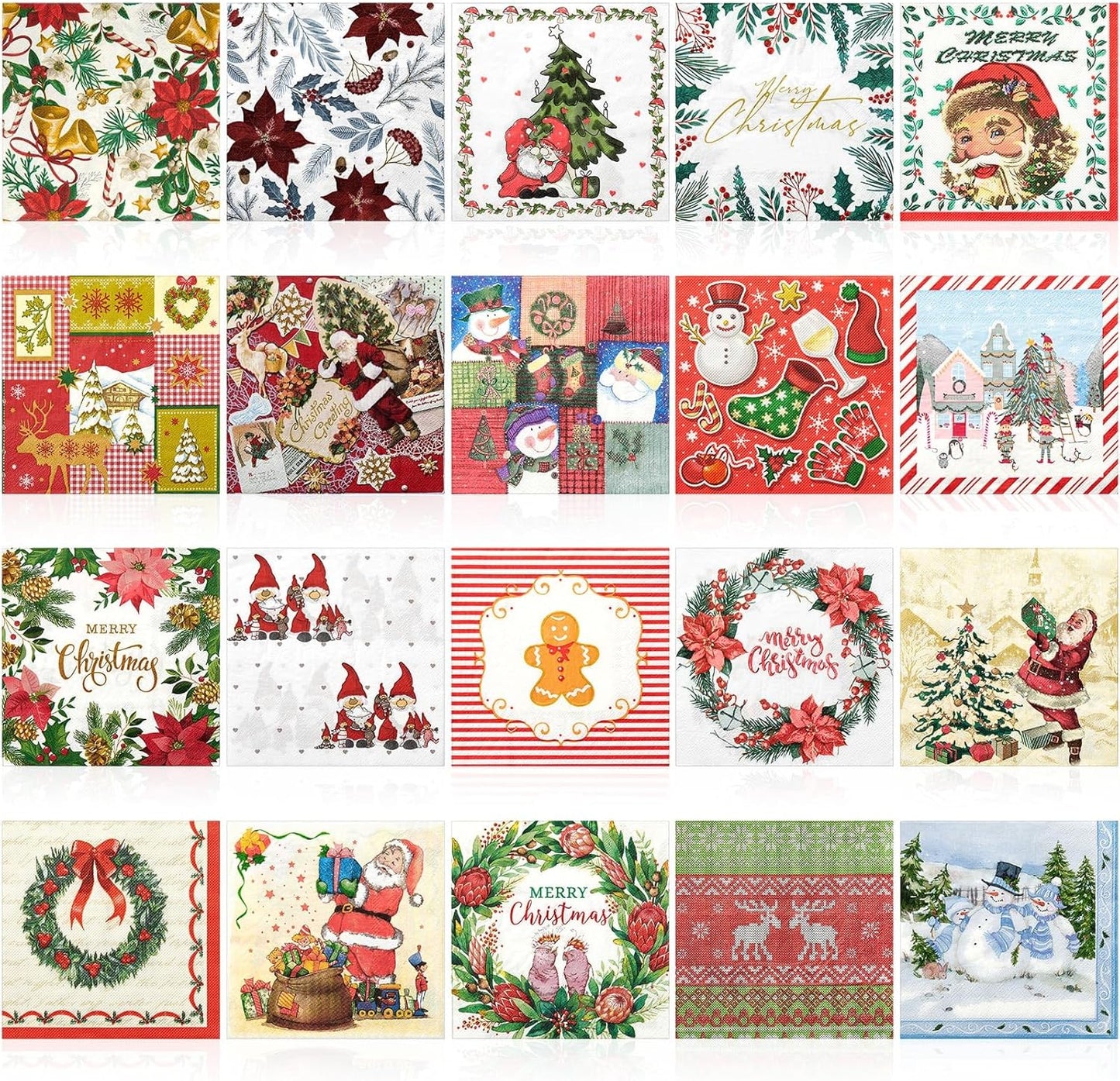Crtiin 20 Pack Assorted Christmas decoupage napkins Santa Snowman Tree Napkins Decorative Beautiful for Birthday Xmas Winter Party Supplies, 20 Styles Each 6.5 Inches