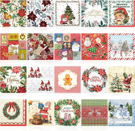 Crtiin 20 Pack Assorted Christmas decoupage napkins Santa Snowman Tree Napkins Decorative Beautiful for Birthday Xmas Winter Party Supplies, 20 Styles Each 6.5 Inches