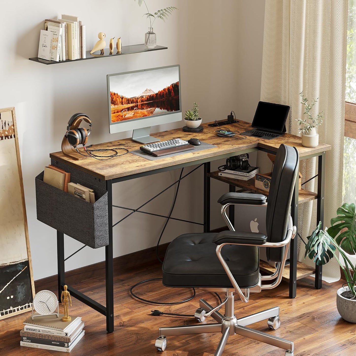 TIQLAB L Shaped Computer Desk with Power Outlets, 47 Inch Small Corner Desk with Reversible Shelves, Gaming Desk Computer Table Study Writing Desk for Home Office Small Space, Rustic Brown