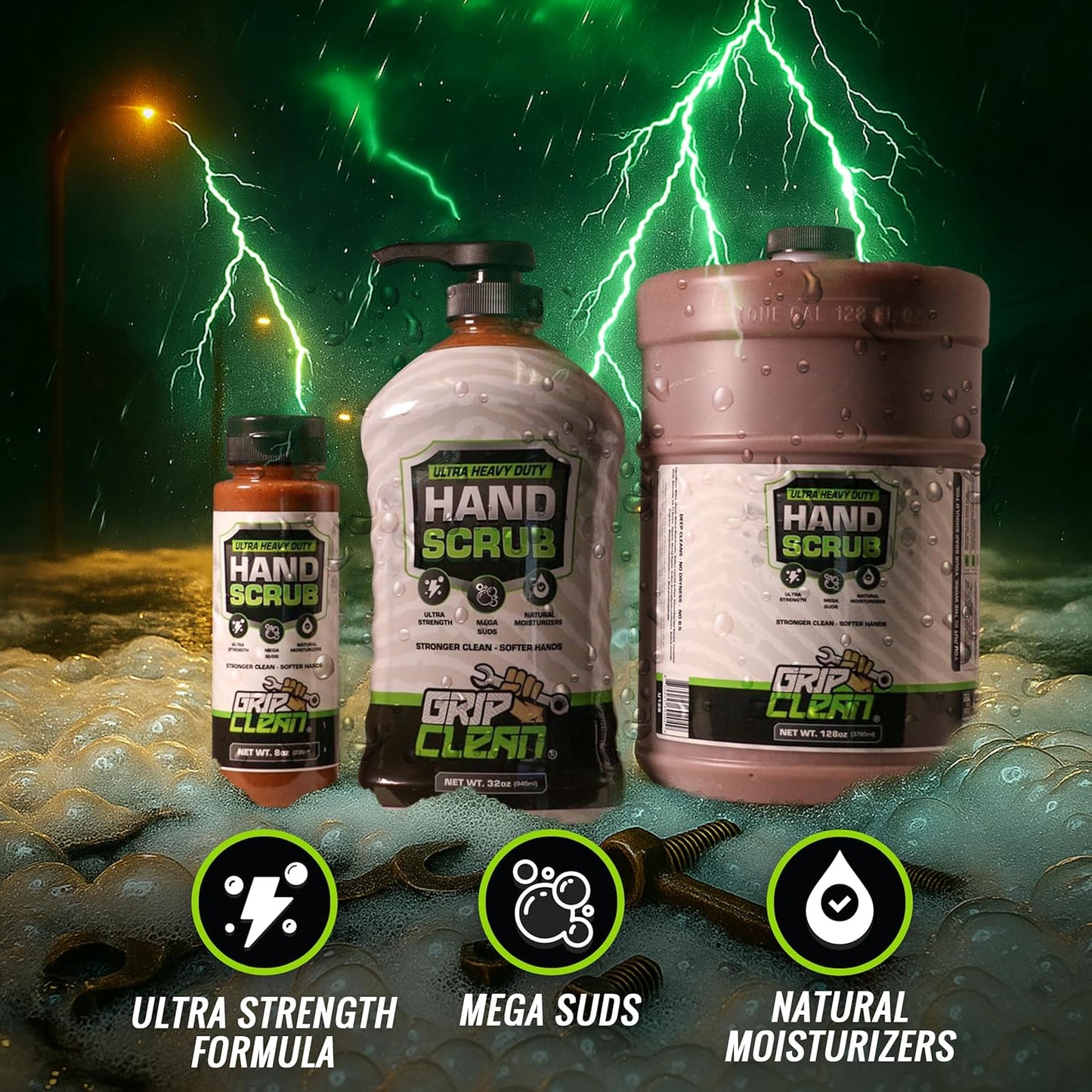 Grip Clean Heavy-Duty Hand Cleaner for Mechanics with Nail Brush - Moisturizing Coconut Oil Hand Cleaner Liquid Hand Soap with Stiff Bristle Nail Brush, Lime Scent - 32 Fl Oz Pump Top + Brush