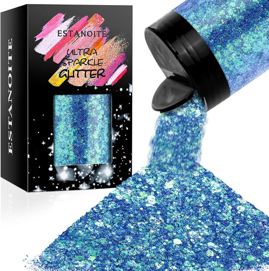 Iridescent Chunky Glitter 5.64oz/160g, Ultra Fine Glitter Powder Mixed Chunky PET Flakes Sequins for Resin Epoxy Craft Arts, Tumbler Nail Hair Eye Party Festival Decor (Fantasy Blue)