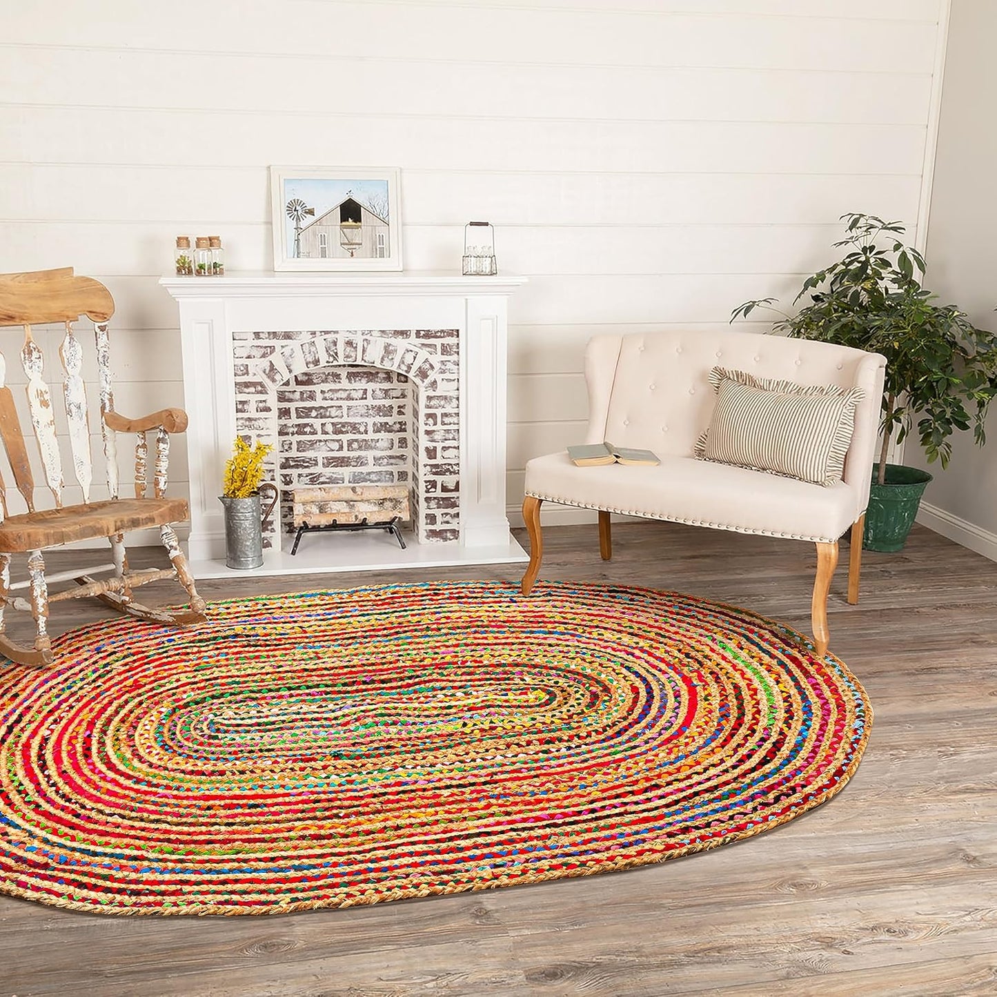 8'x10' Handwoven Jute Chindi Area Rug - Colorful Boho Rugs for Living Room - Hand Braided Multicolor Bohemian Rug for Farmhouse, Bedroom, Dining Room, Classroom, Hallway, Kitchen, Office