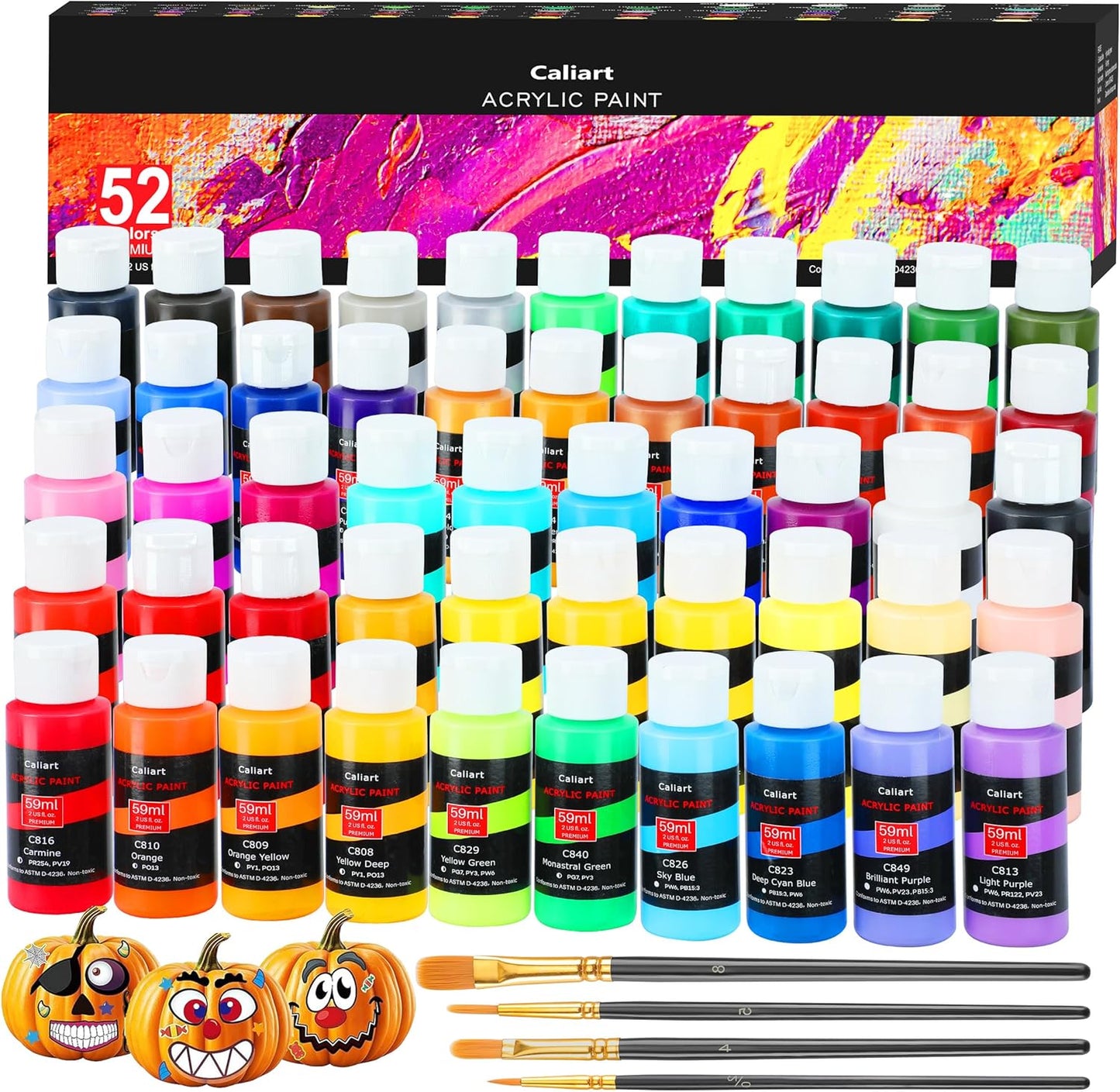 Caliart Acrylic Paint Set, 52 Colors (2oz/Bottle) with 4 Brushes, Art Craft Paints for Adults Artists Beginners Painters, Canvas Halloween Pumpkin Ceramic Wood Fabric Rock Painting Supplies Kit