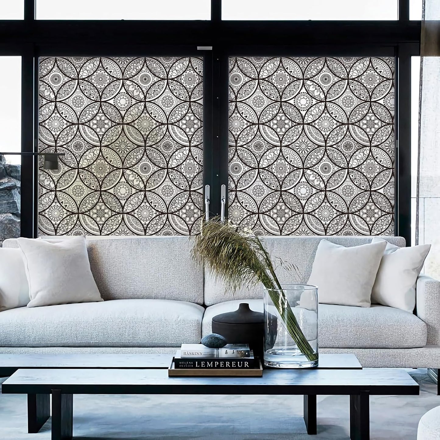 DKTIE Boho Stained Glass Look Window Privacy Film with Installation Tools, Decorative Frosted Glass Window Film Static Cling No Glue Removable, Pure Black, 35.4" x 78.7"