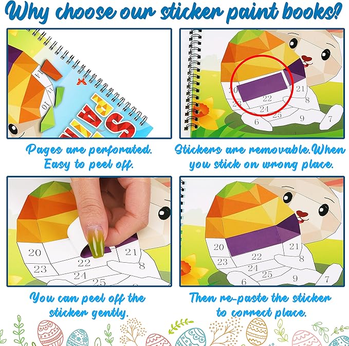 90shine 4PCS Easter Crafts for Kids Ages 4-8 Sticker Books - Basket Stuffer Gift Includes Bunny Egg Chick Gnome and More Designs Create 40 Pictures