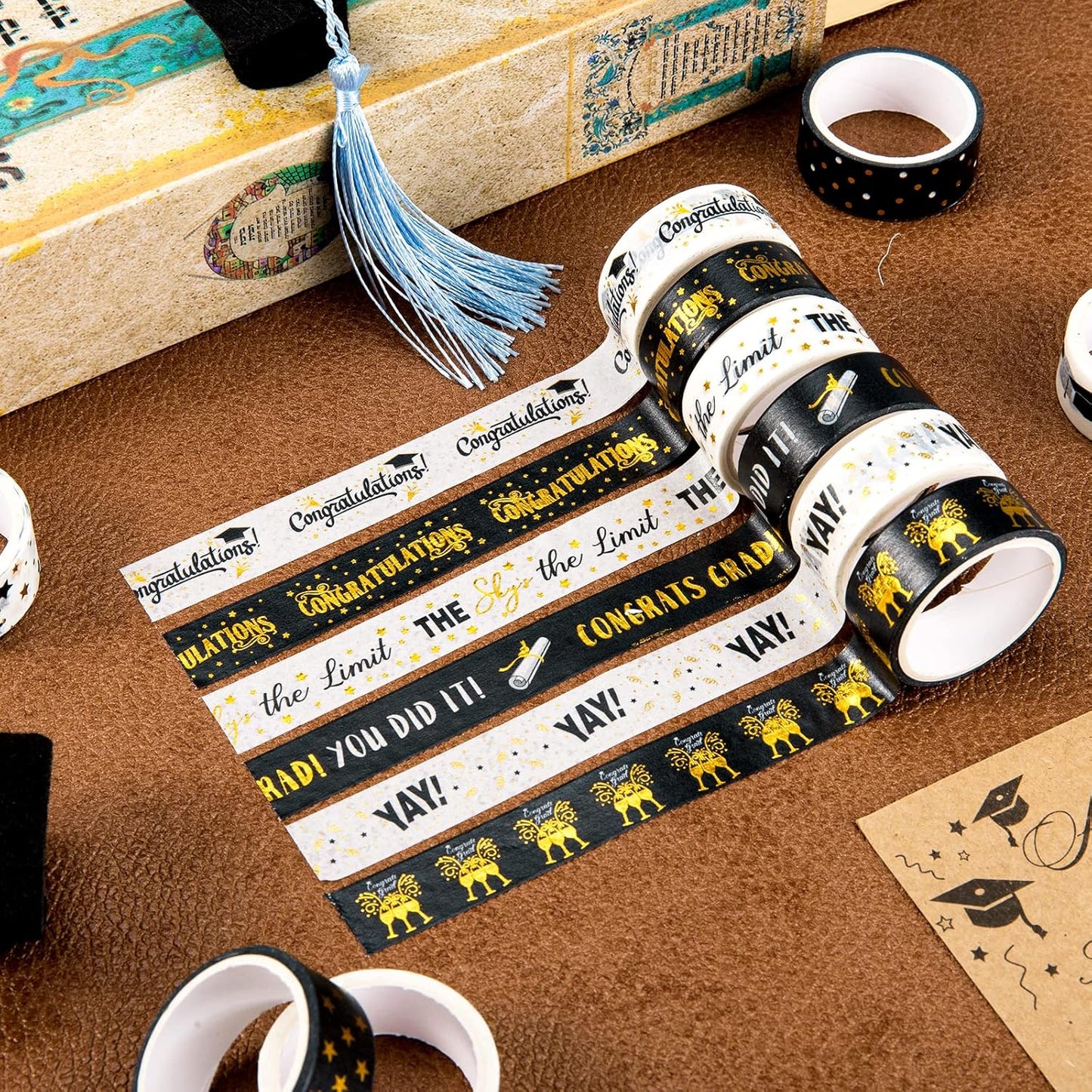 Whaline 12 Rolls Graduation Washi Tape Black Foil Gold 2025 Grad Washi Masking Tape Grad Cap Congratulations Decorative Paper Sticker for Graduation Scrapbook DIY Art Crafts Gift Wrapping