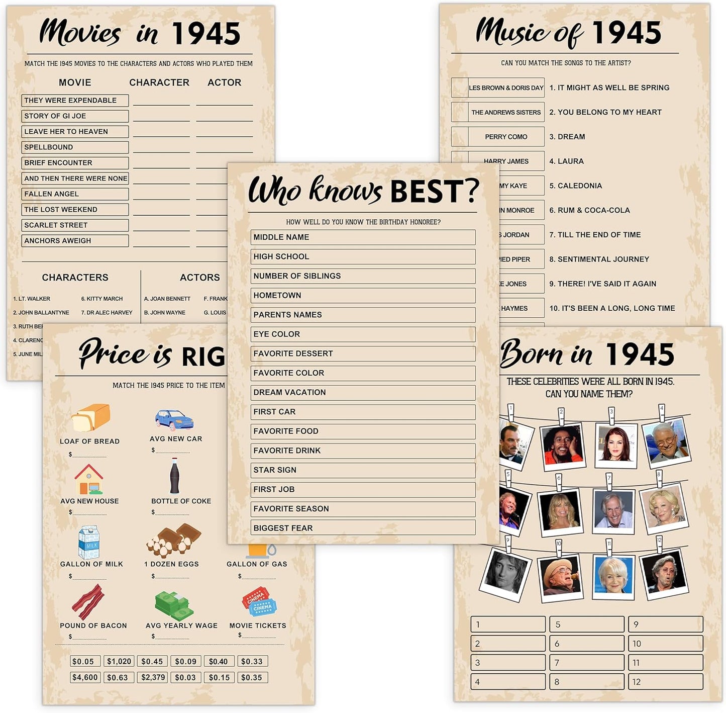 80th Birthday Party Games, Born in 1945 Games Bundle, Set of 5 Activities for 10 Guests, Birthday Party Supplies for Adults, Pack of 50 Cards