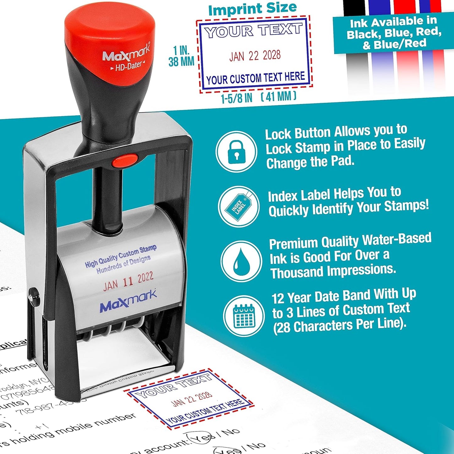 MaxMark Heavy Duty Self Inking Date Stamp with Phrase Faxed - 2 Color Blue/Red Ink