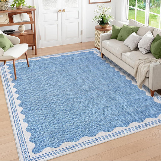Scalloped Washable Rug 8x10 Area Rugs for Living Room, Solid Blue Rug for Bedroom Girls, Non Slip Throw Carpet with Rubber Back, Soft Dorm Nursery Scalloped 8x10 Rugs for Dining Room