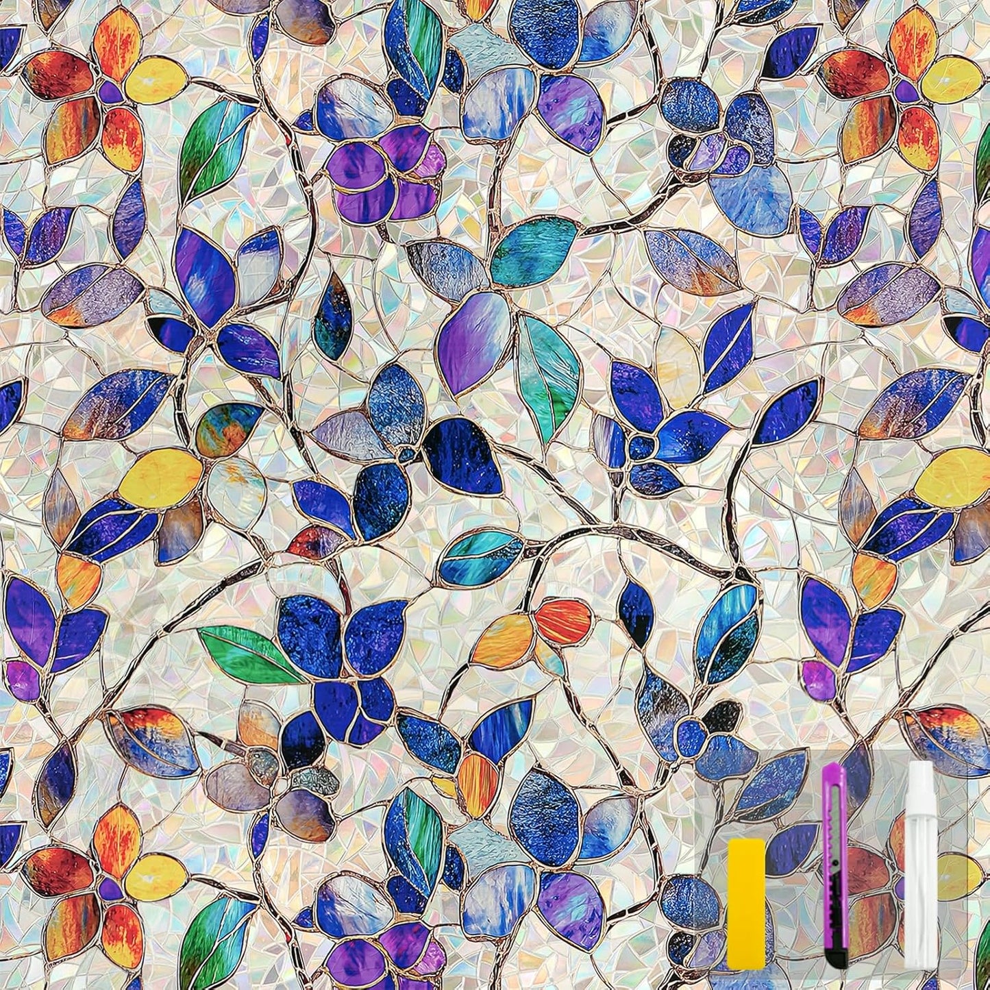 Window Privacy Film Stain Glass Window Film Rainbow Window Film Window clings Non-Adhesive Reusable Decorative for Room (Stained Leaf, 17.5 x 78.7 in)