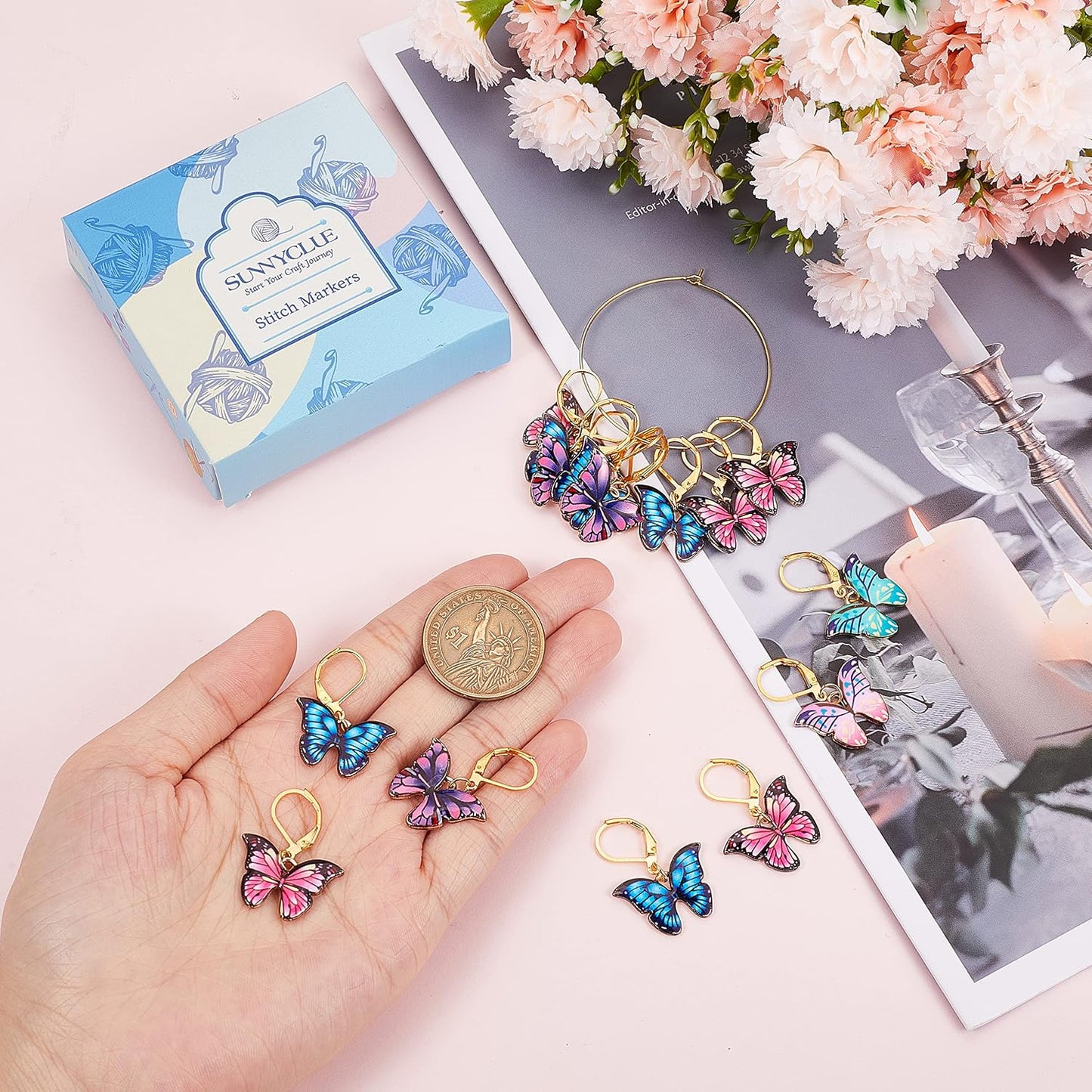 SUNNYCLUE 1 Box 20Pcs Stitch Markers Crochet Stitch Marker Butterfly Enamel Cute Charms Removable Leverback Clasp Charm Locking Metal Knitting Markers for Weaving Sewing Knit Quilting DIY Zipper Pull
