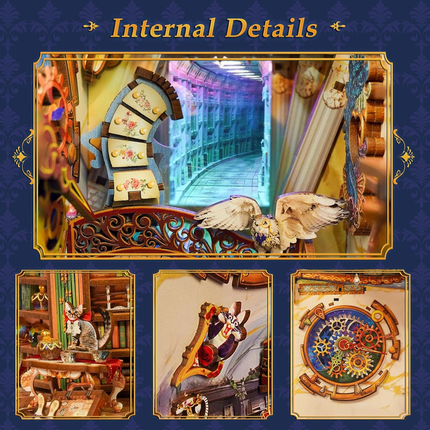 Tonecheer DIY Book Nook Kit for Adults, 3D Wooden Puzzle Bookend Miniature House Kit, Booknook Bookshelf Insert Decor with Dust Cover and LED Lights Gifts (Magical Library)