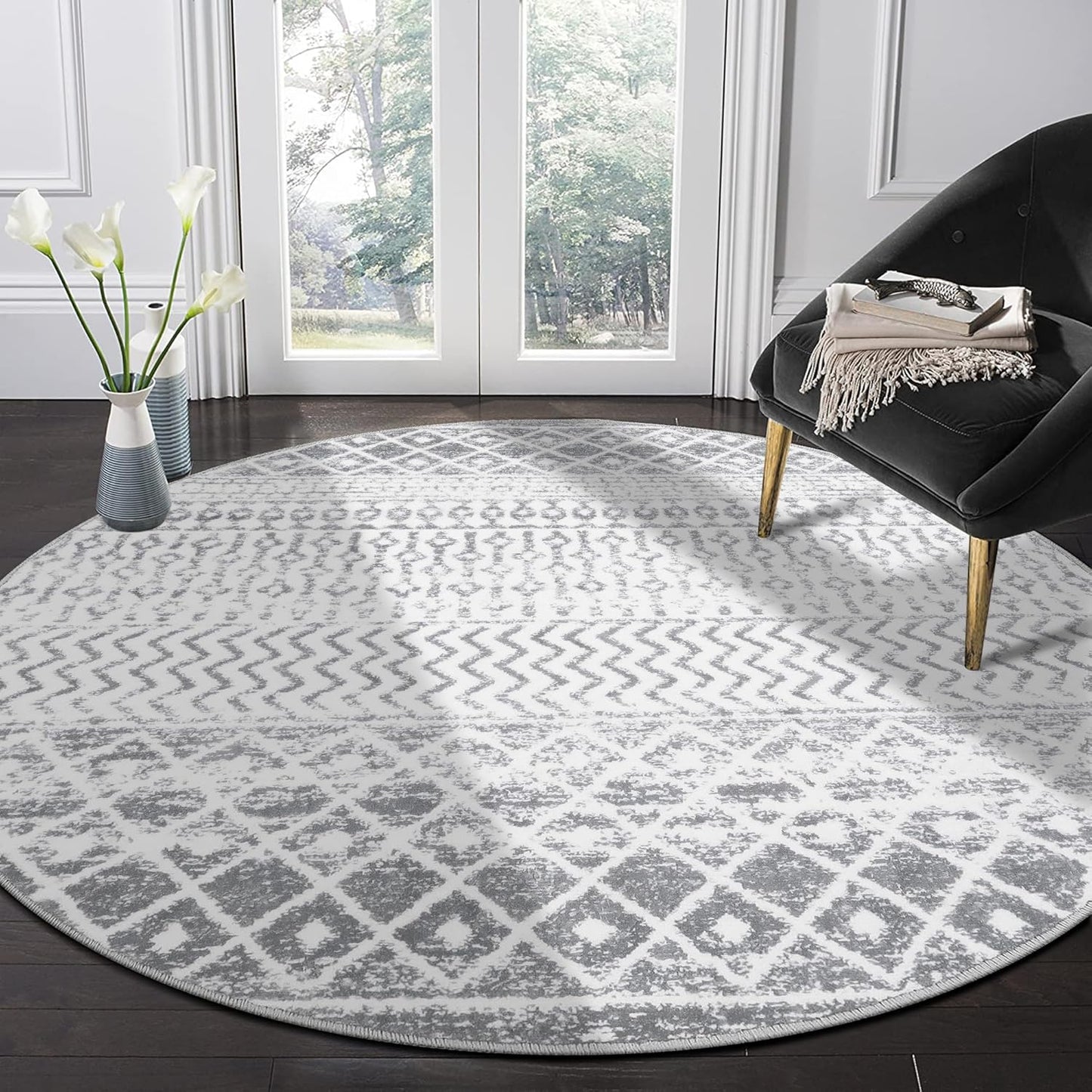 Grey Round Rug for Living Room, 5ft Soft Non-Slip Circle Large Area Rug, Modern Geometric Washable Dining Room Mat Throw Rug for Dorm Bedroom Nursery Entryway