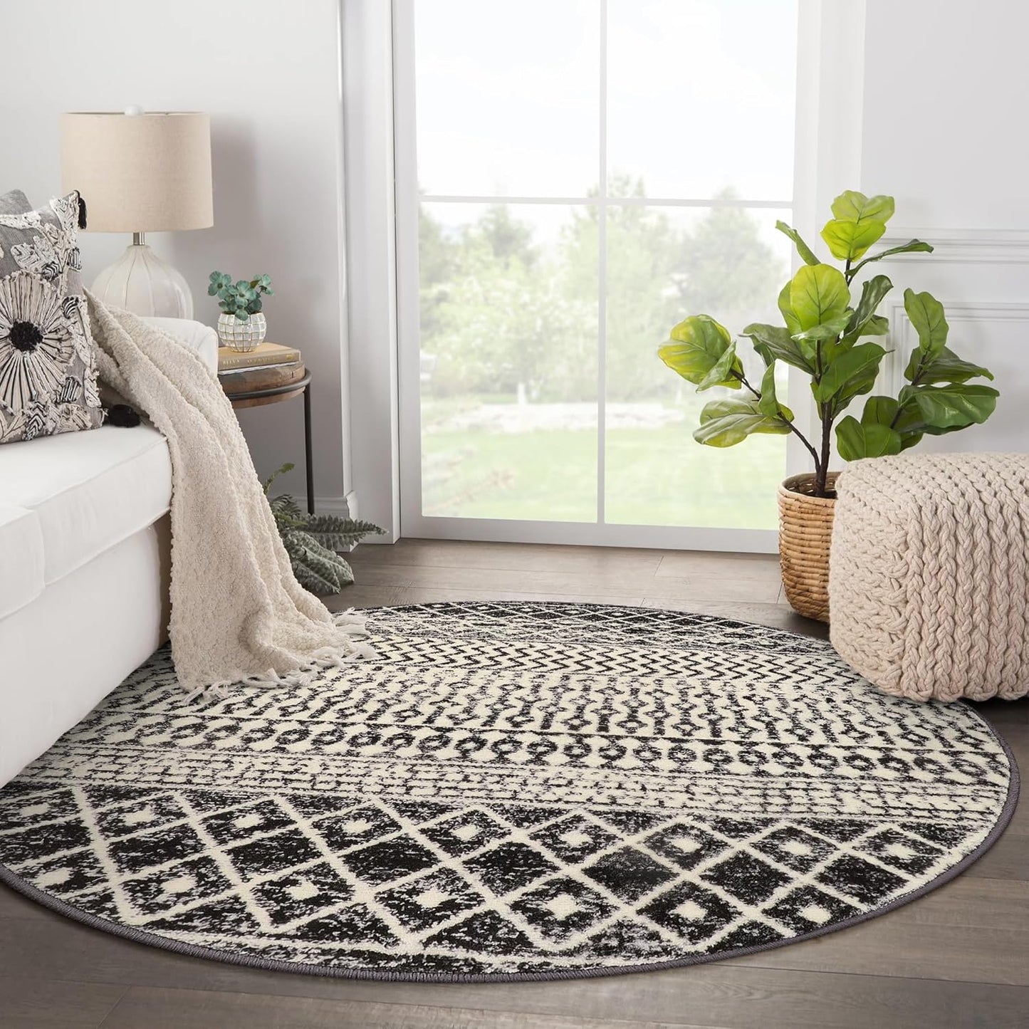 Moroccan Washable Round Area Rug, 4ft Non-Slip Distressed Black Area Rug for Bedroom, Soft Non-Shedding Circle Rug Bedside Carpet for Living Room Dining Room Bedroom