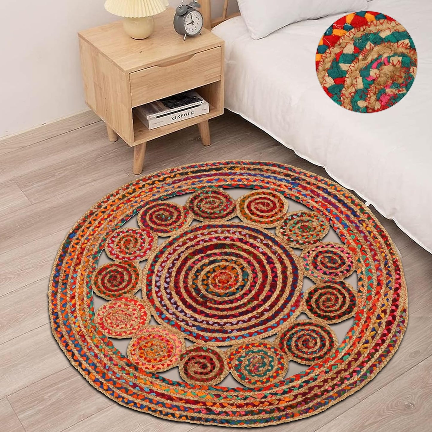 4' Round Handwoven Jute Chindi Area Rug - Colorful Boho Rugs for Living Room - Hand Braided Multicolor Bohemian Rug for Farmhouse, Bedroom, Dining Room, Classroom, Hallway, Kitchen, Office