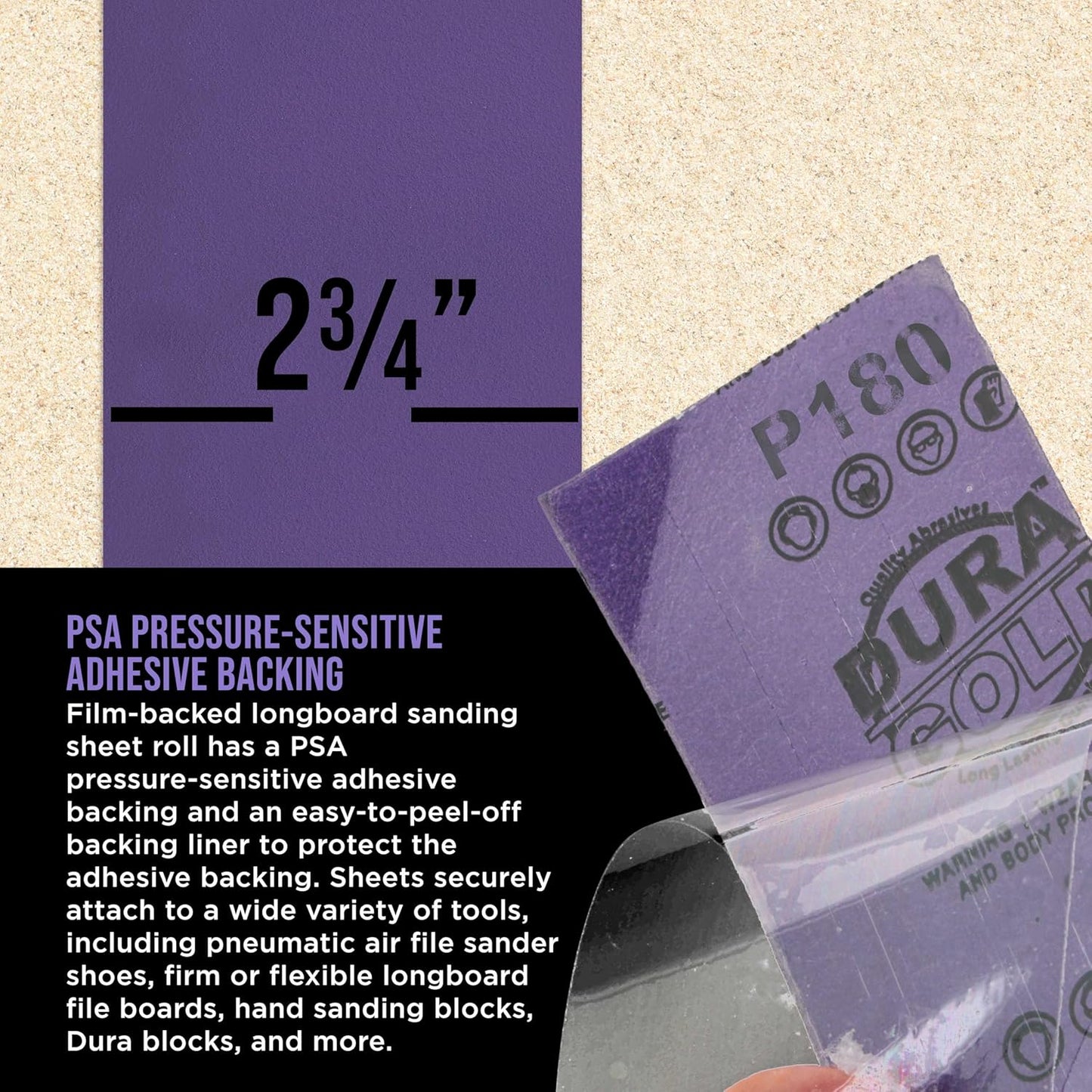 Dura-Gold Premium 180 Grit PSA Purple Film Ceramic Longboard Sandpaper, 2-3/4" Wide Continuous 20 Yard Roll - Self Adhesive Stickyback for Auto & Wood Air File Long Board Sanders, Hand Sanding Blocks