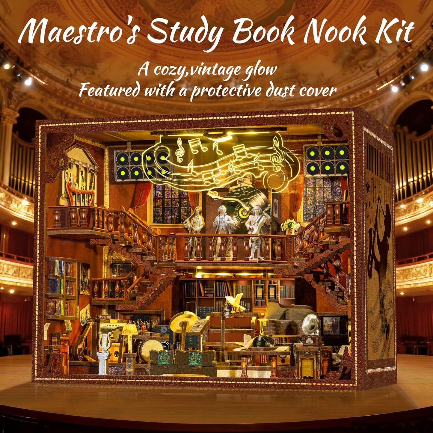 Book Nook Music Kit - DIY Miniature Dollhouse with LED Lights for Adults & Teens, Maestro's Study 3D Wooden Bookshelf Decor, for Family & Friends