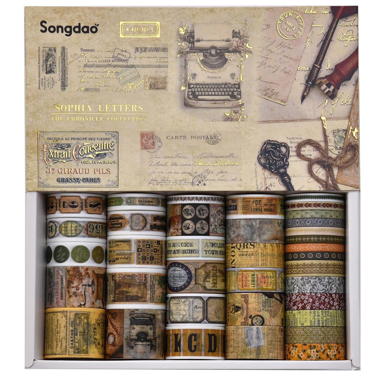 36 Rolls Vintage Washi Tape Pack Retro Arts Adhesive Tapes Wide Chronicle Decorative Masking Tape Sets for Craft, Kids, Scrapbook, DIY, Gift Wrapping (Sophia's Letters)