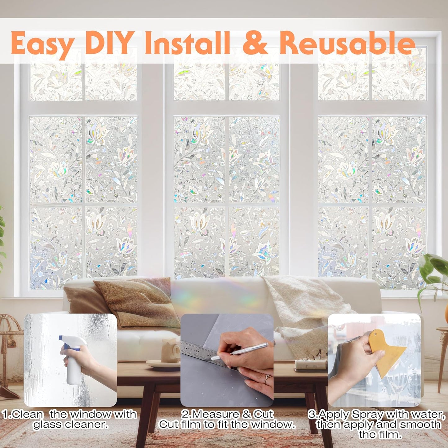 Hilarious Privacy Window Film, Tulip Window Vinyl, Stained Glass Static Stickers, 3D Decorations for Glass Windows, Removable Window Covering, Adhesive-Free Stickers (35.4'' x 78.7'')