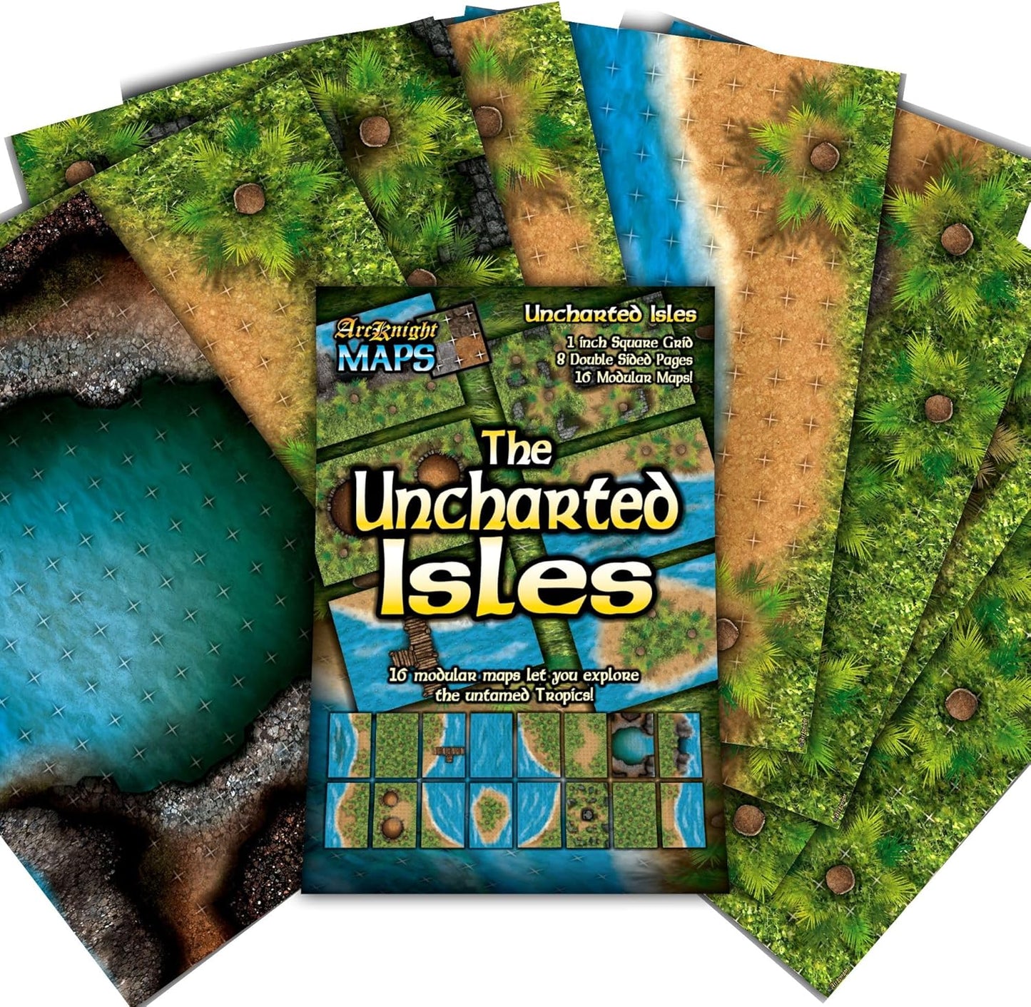 Arcknight The Uncharted Isles Roleplaying Battlemaps; 16 Modular RPG Maps in 8 Double-Sided Pages, 1" Square Grid, Modular & Versatile Design for Tabletop Gaming - for Dungeons & Dragons & Pathfinder