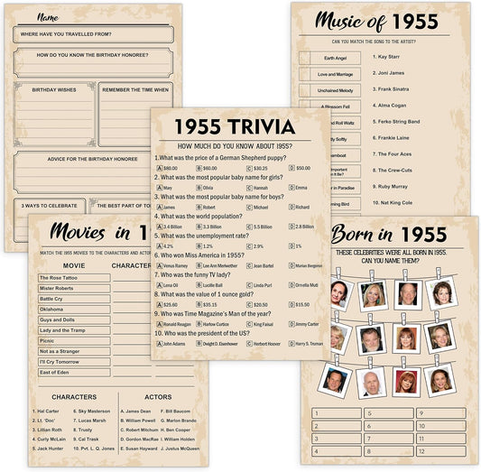 70th Birthday Party Games, Born in 1955 Games Bundle, Set of 5 Activities for 10 Guests, Birthday Party Supplies for Adults, Pack of 50 Cards