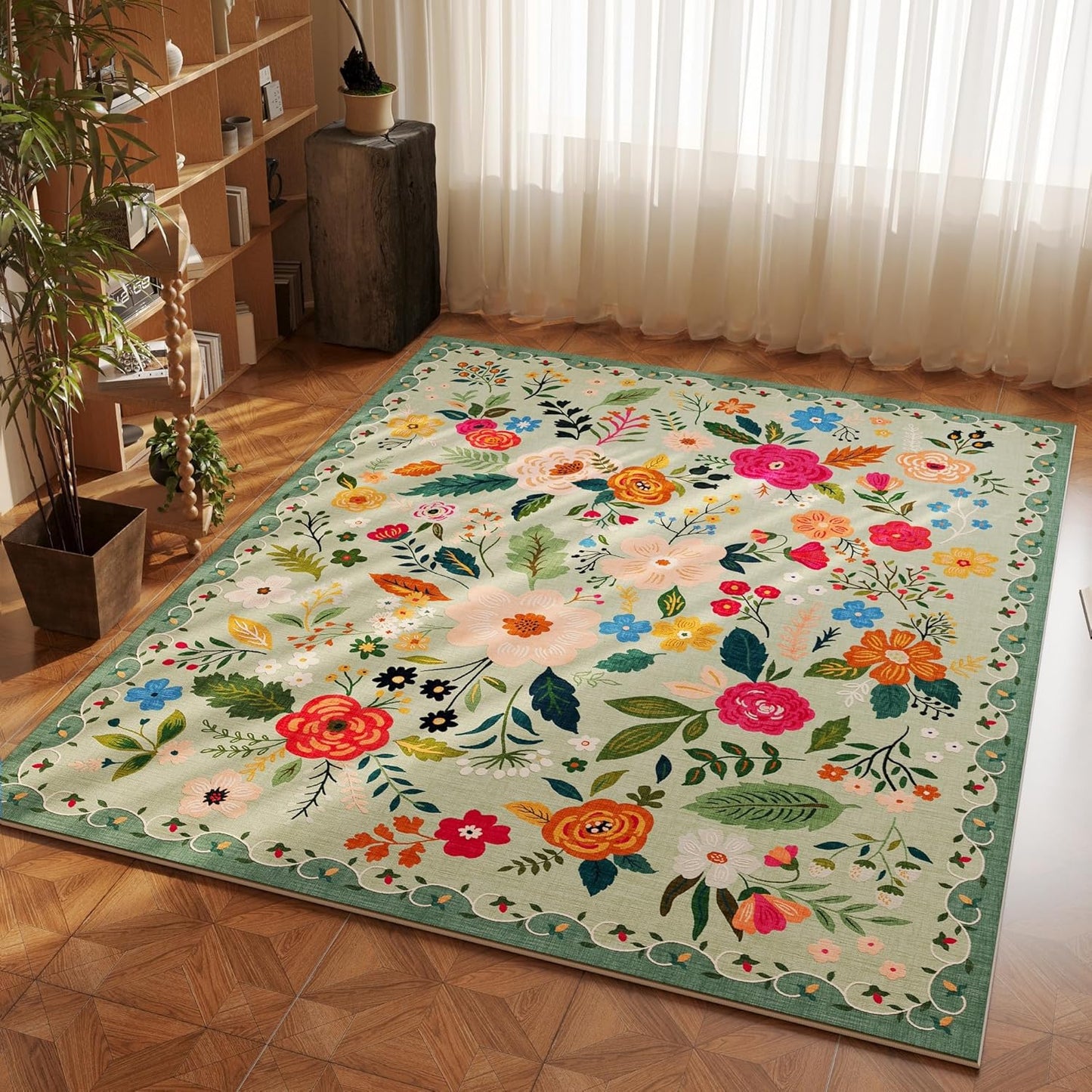 Rugcomf Area Rug 4x6 Rug Washable Boho Rugs Non Slip Low Pile Floral Small Carpet for Bedroom, Bedside, Kids Room, Office, Dining Room(Green)