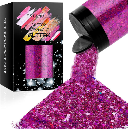 Holographic Chunky Glitter, 5.64oz/160g Craft Glitter Powder Mixed Chunky & Fine Flakes, Iridescent Sequins for Nail Art, Hair, Body, Eye Epoxy Resin, Tumblers, Painting, Festival Decor (Fuchsia)