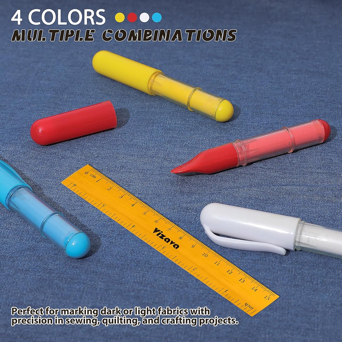 Fabric Chalk Markers for Sewing,Quilting,Crafting|Erasable Tailor’s Chalk|Work on Various Fabrics|Dosing Wheel Drawing Intricate Patterns Precise Lines-Per Pack(Blue,White and 1 Ruler)
