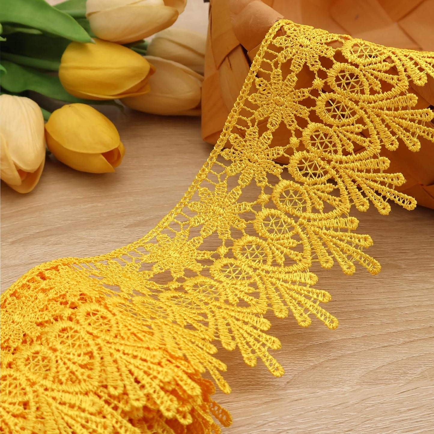 GXTIZAS Yellow Lace Trim 5 Yards Wide Venise Lace Ribbon Embroidered Edge Trim for Sewing Crafts Pillow Case
