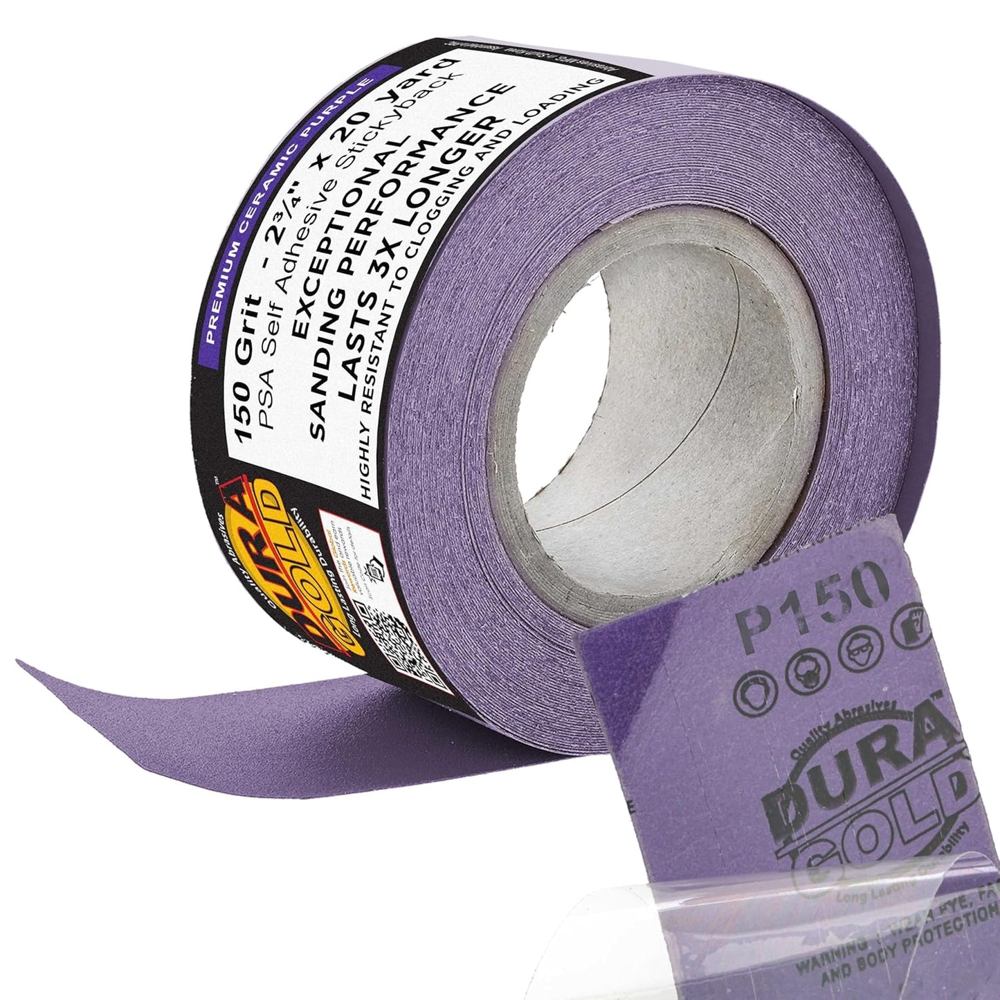Dura-Gold Premium 150 Grit PSA Purple Film Ceramic Longboard Sandpaper, 2-3/4" Wide Continuous 20 Yard Roll - Self Adhesive Stickyback for Auto & Wood Air File Long Board Sanders, Hand Sanding Blocks