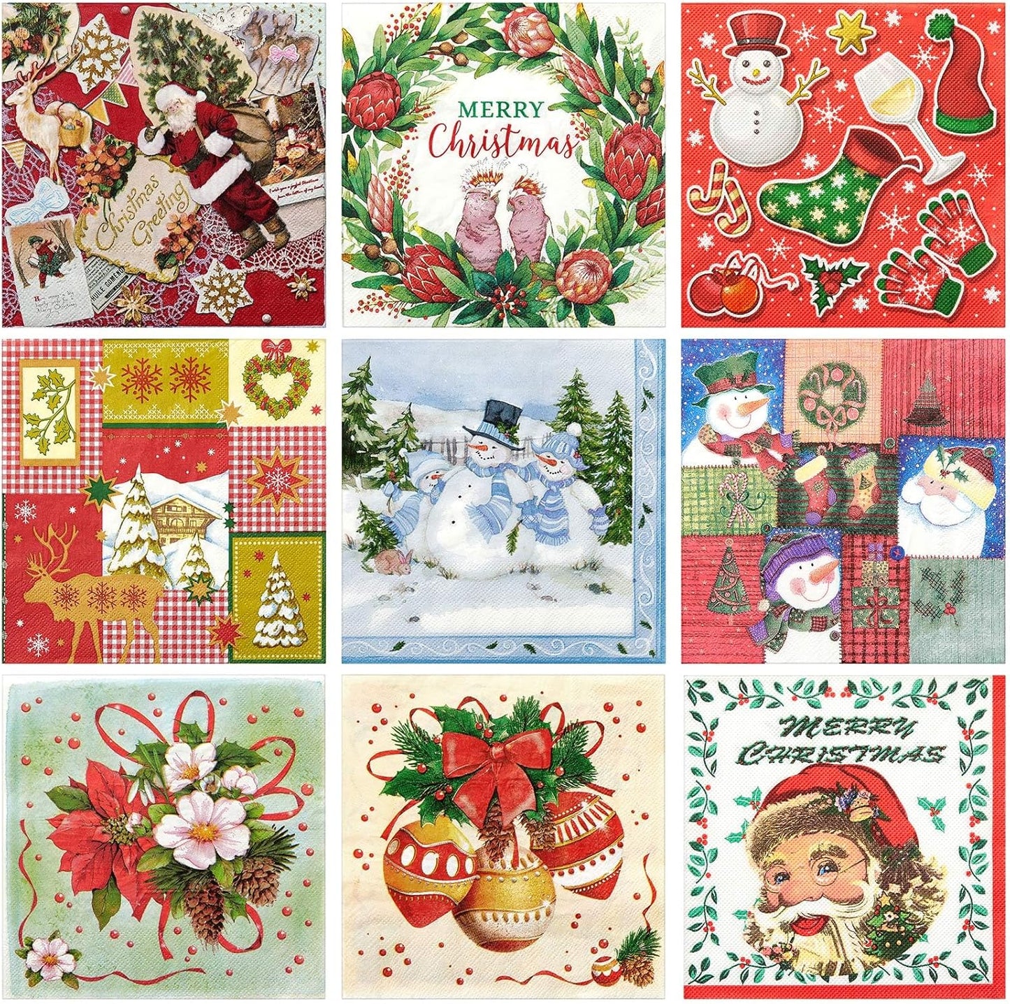 Crtiin 36 Pack 9 Styles Christmas Decoupage Napkins Assorted Christmas Decorative Decoupage Napkins Cocktail Paper for DIY Crafting Party, Each Unfolded 13 Inch