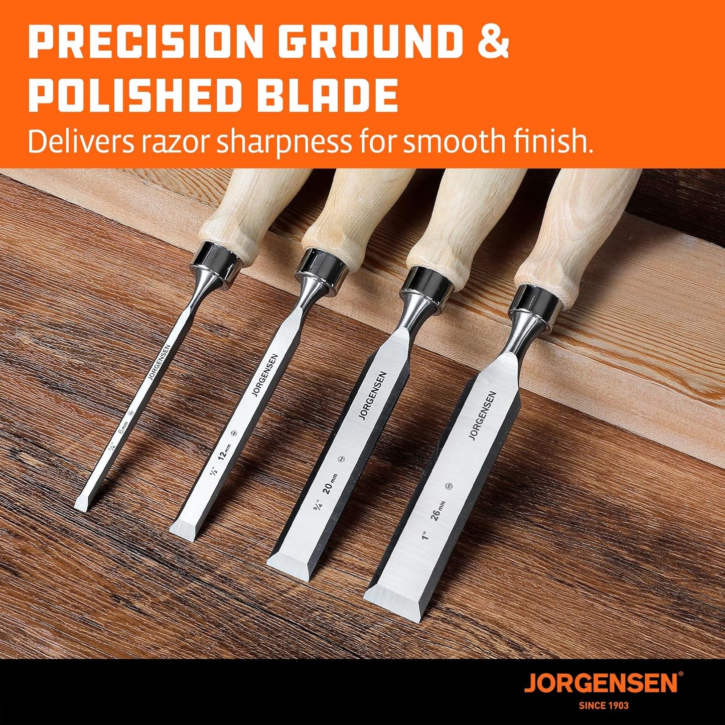 Jorgensen 4-Piece Wood Chisel Set, Chromium Alloy Steel Beveled Edge Wood Chisels, Wood Chisels for Woodworking, Ergonomic Hardwood Handle with Metal Ferrule, 1/4", 1/2", 3/4", 1"