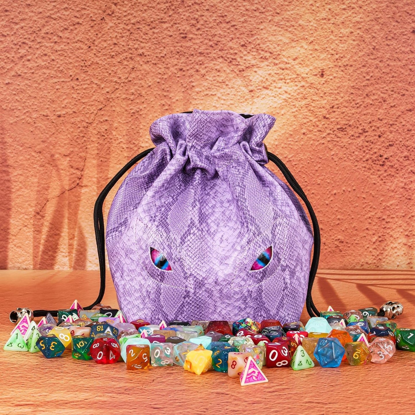 Large DND Dice Bag Leather Dice Storage Bag Purple D&D Drawstring Pouch with Pockets for RPG Table Games - Can Hold 200+ Polyhedral Dice