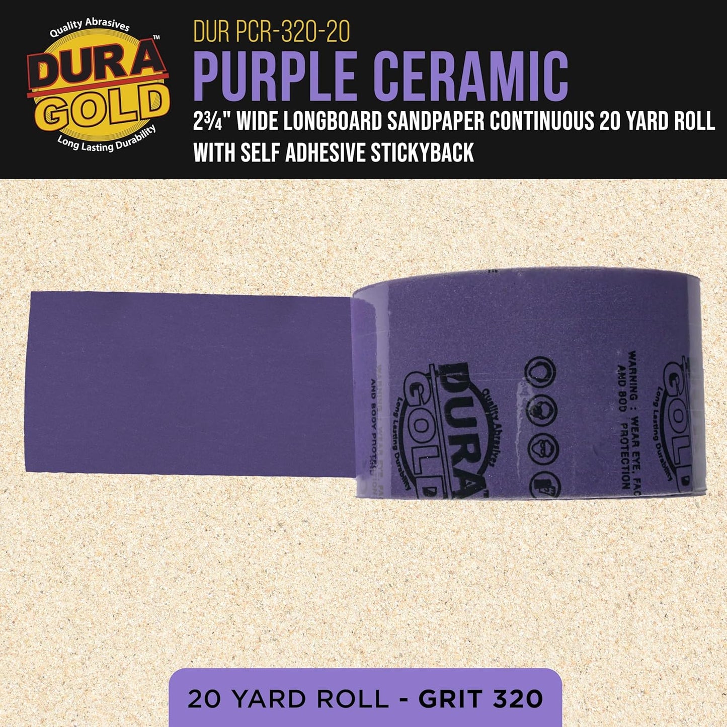 Dura-Gold Premium 320 Grit PSA Purple Film Ceramic Longboard Sandpaper, 2-3/4" Wide Continuous 20 Yard Roll - Self Adhesive Stickyback for Auto & Wood Air File Long Board Sanders, Hand Sanding Blocks