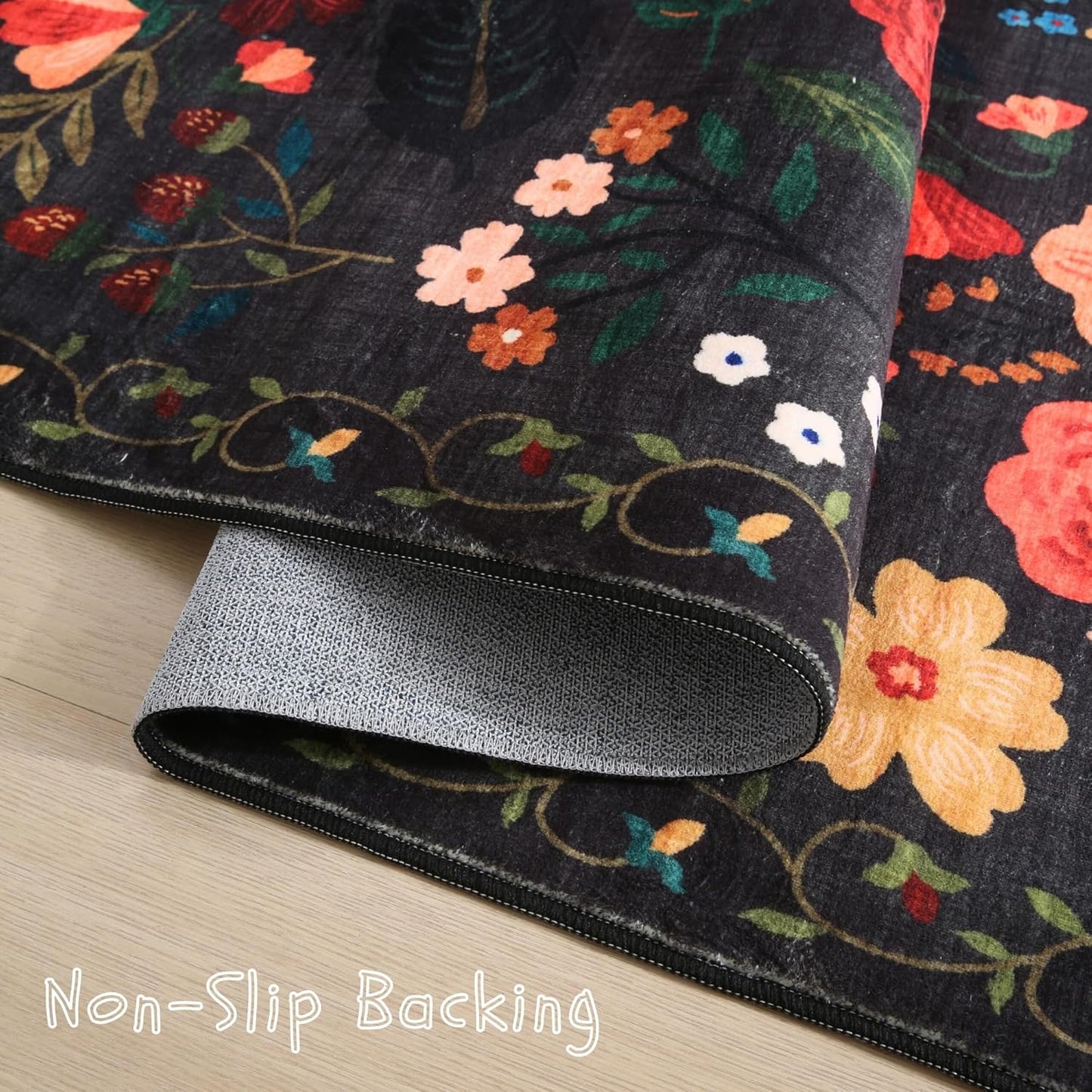 Rugcomf Door Mat Indoor Entrance 2x3 Rug Machine Washable Boho Floral Small Area Rug Non-Slip Low Pile Throw Rugs for Entryway, Kitchen, Front Door Indoor Entrance, Entry, Kids Room (Black)