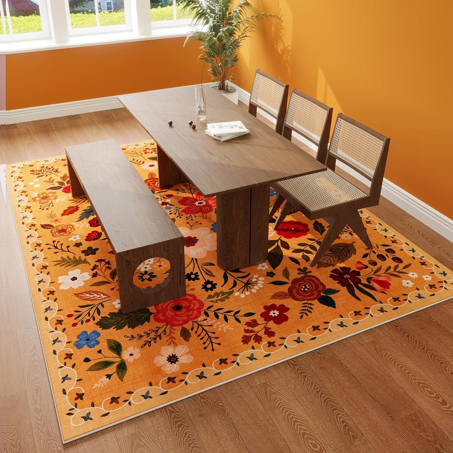 Rugcomf Living Room Rug 6x9 Rug Machine Washable Boho Area Rug Non Slip Floral Vintage Low Pile Large Rug for Living Room, Bedroom, Farmhouse, Dining Room, Kids Playroom(Yellow)