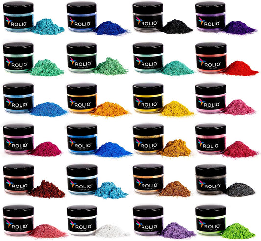 Rolio Premium Mica Powder Pearlescent Color Pigment - Art Set for Epoxy Resin - for Soap Making, Nail Polish, Lip Gloss, Eye Shadow, Slime & Candle Jars - 10g, 24 Jars - (Original Set)